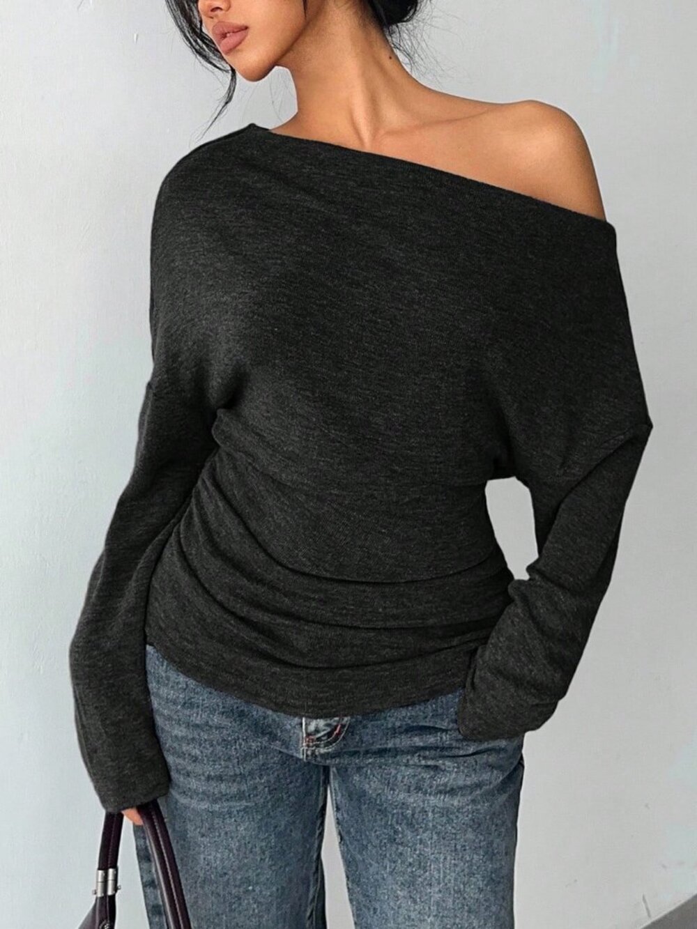 Dark Grey Casual Women's Pleated Knit Oblique Shoulder Long Sleeve Top